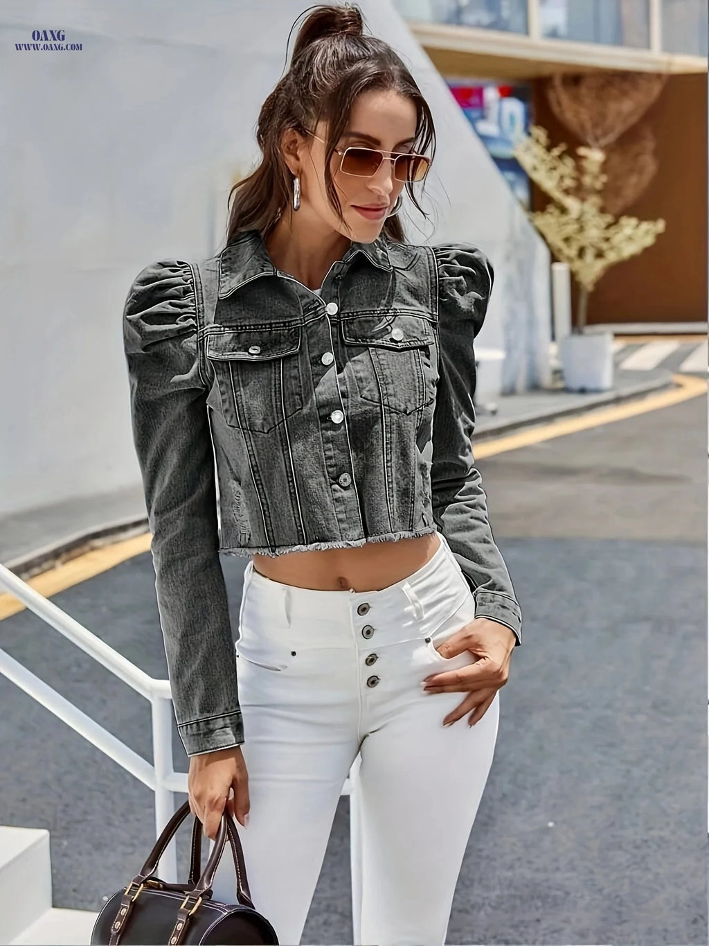OAXG Women's Black Denim Jacket - Elegant Puff Sleeve, Short Length   OAXG 