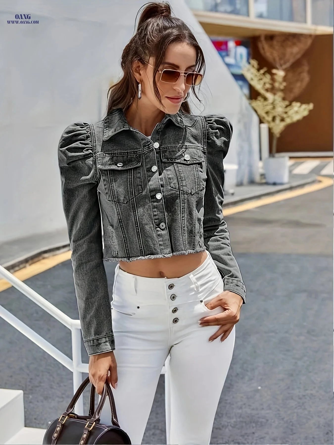 OAXG Women's Black Denim Jacket - Elegant Puff Sleeve, Short Length   OAXG 