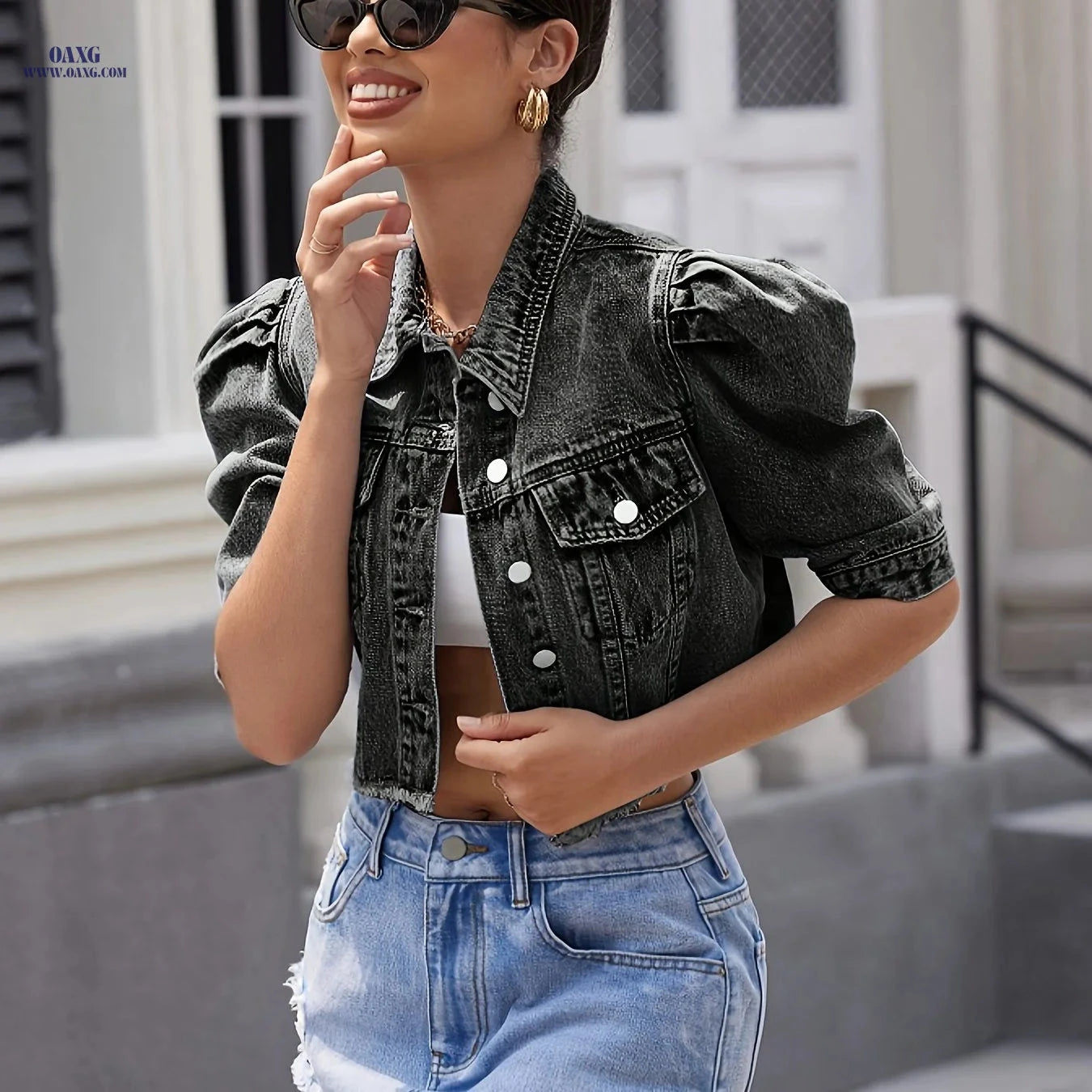 OAXG Women's Black Denim Jacket - Puff Sleeves, Cropped Style   OAXG 