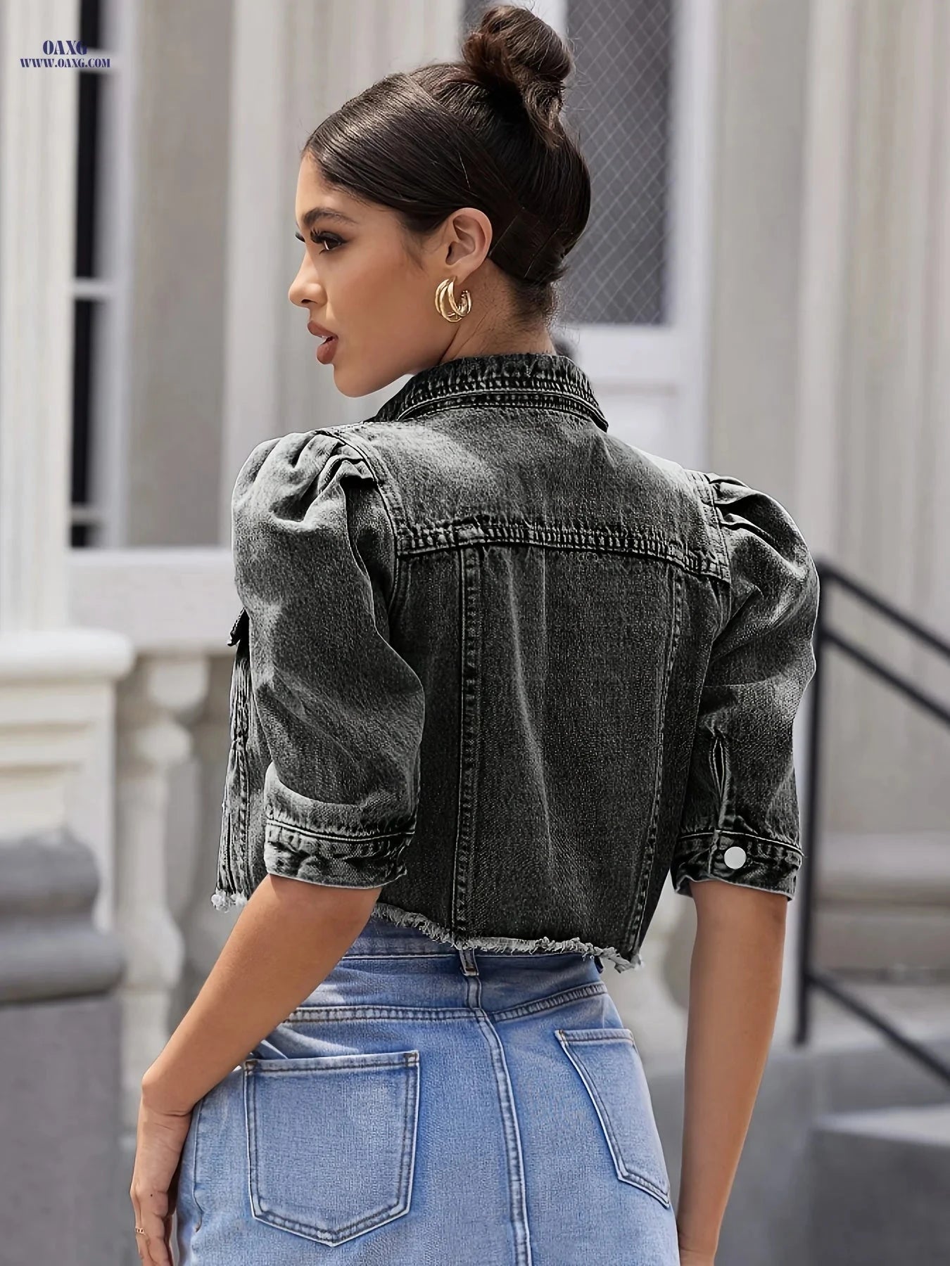 OAXG Women's Black Denim Jacket - Puff Sleeves, Cropped Style   OAXG 