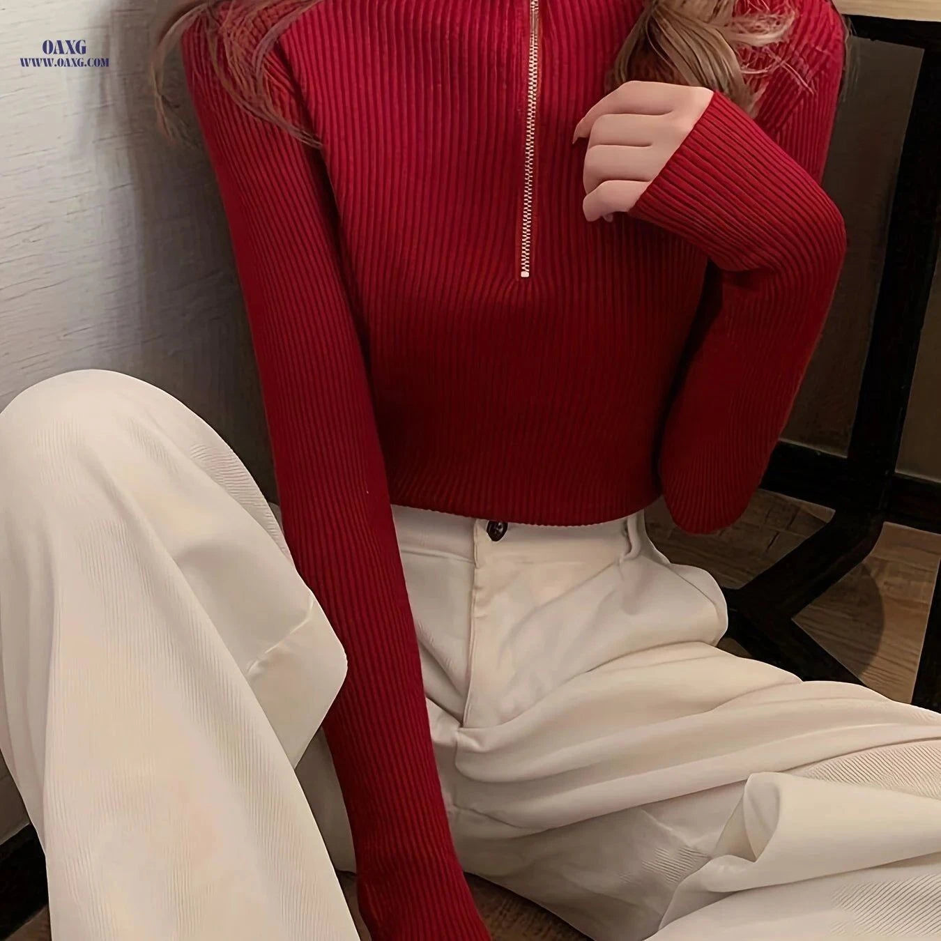 OAXG Women's Black Zip-Up Turtleneck Sweater - Slim Fit for Fall   OAXG Black / Asian One-size