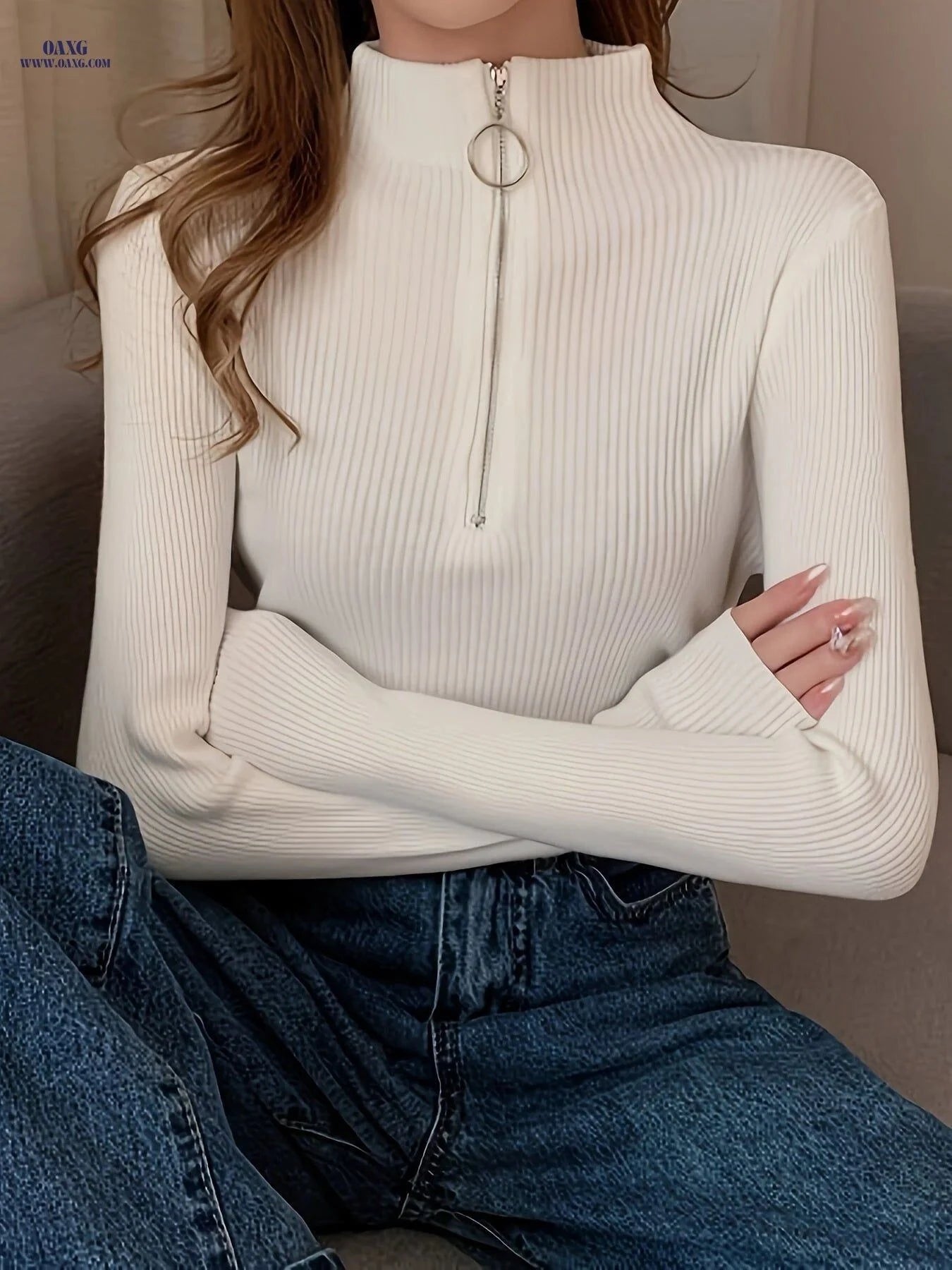 OAXG Women's Black Zip-Up Turtleneck Sweater - Slim Fit for Fall   OAXG Black / Asian One-size