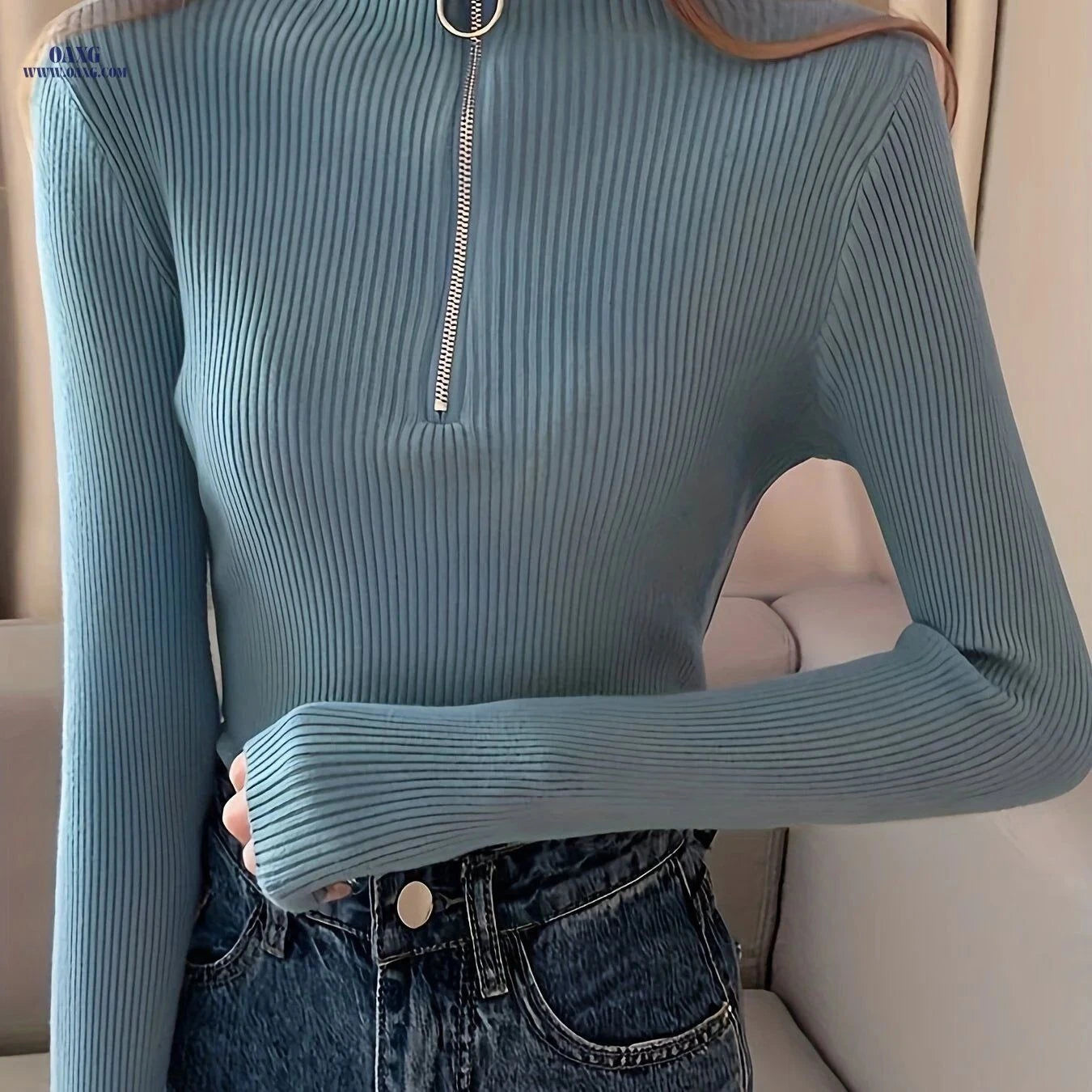 OAXG Women's Black Zip-Up Turtleneck Sweater - Slim Fit for Fall   OAXG Black / Asian One-size