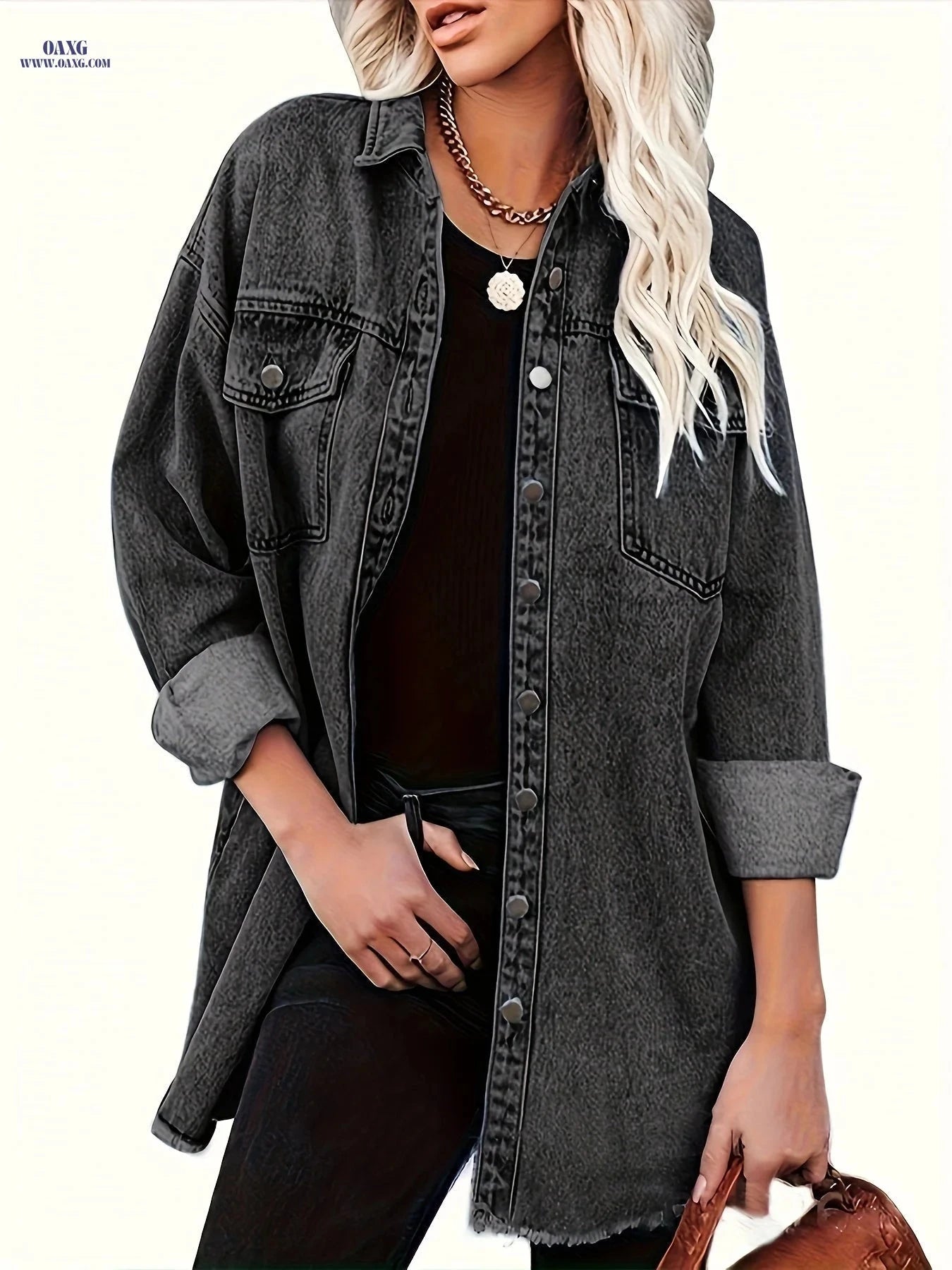 OAXG Women's Blue Casual Lapel Coat - Elegant Spring/Fall Style   OAXG 