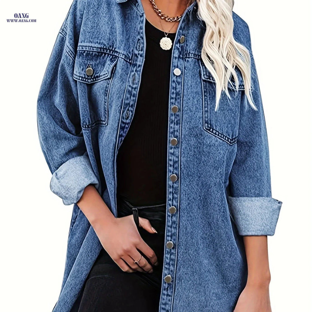 OAXG Women's Blue Casual Lapel Coat - Elegant Spring/Fall Style   OAXG 