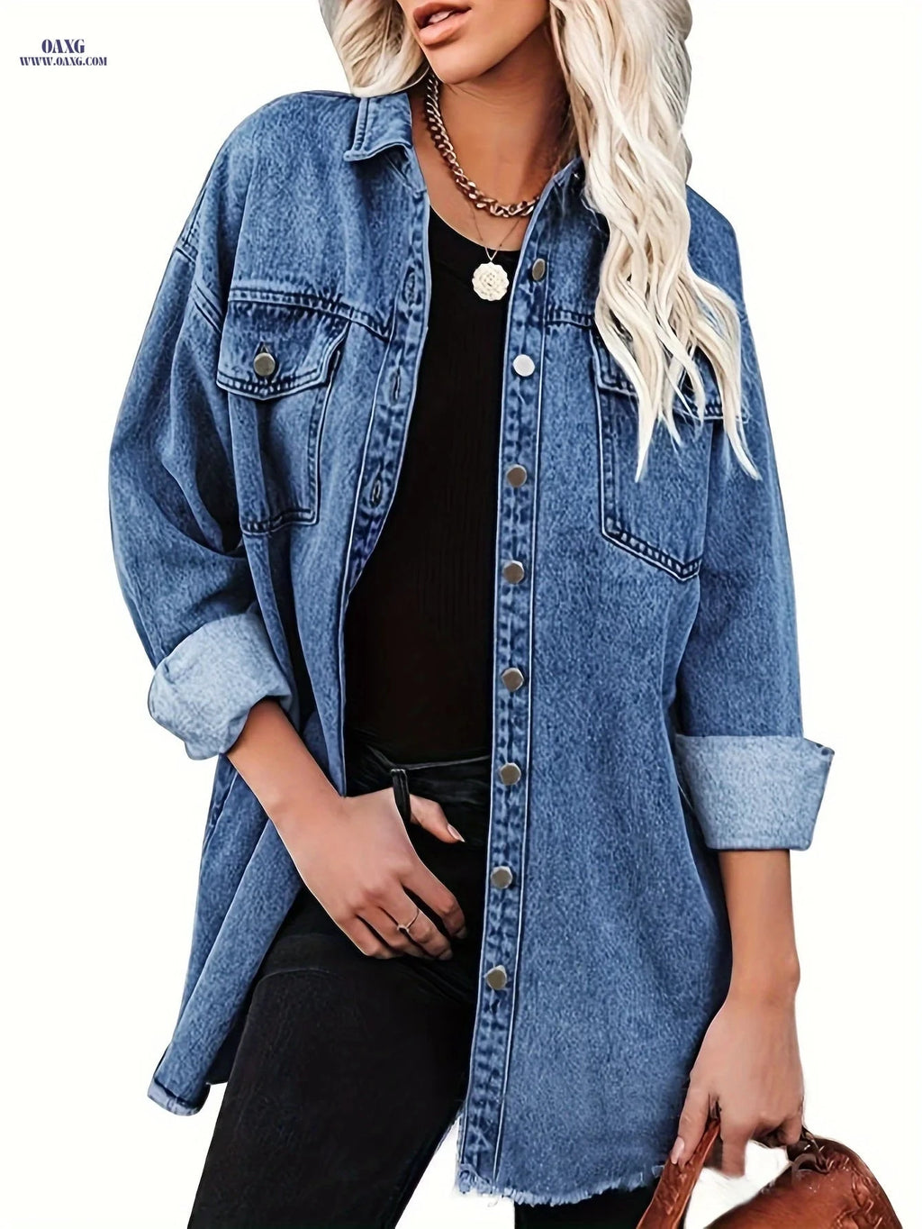 OAXG Women's Blue Casual Lapel Coat - Elegant Spring/Fall Style   OAXG 