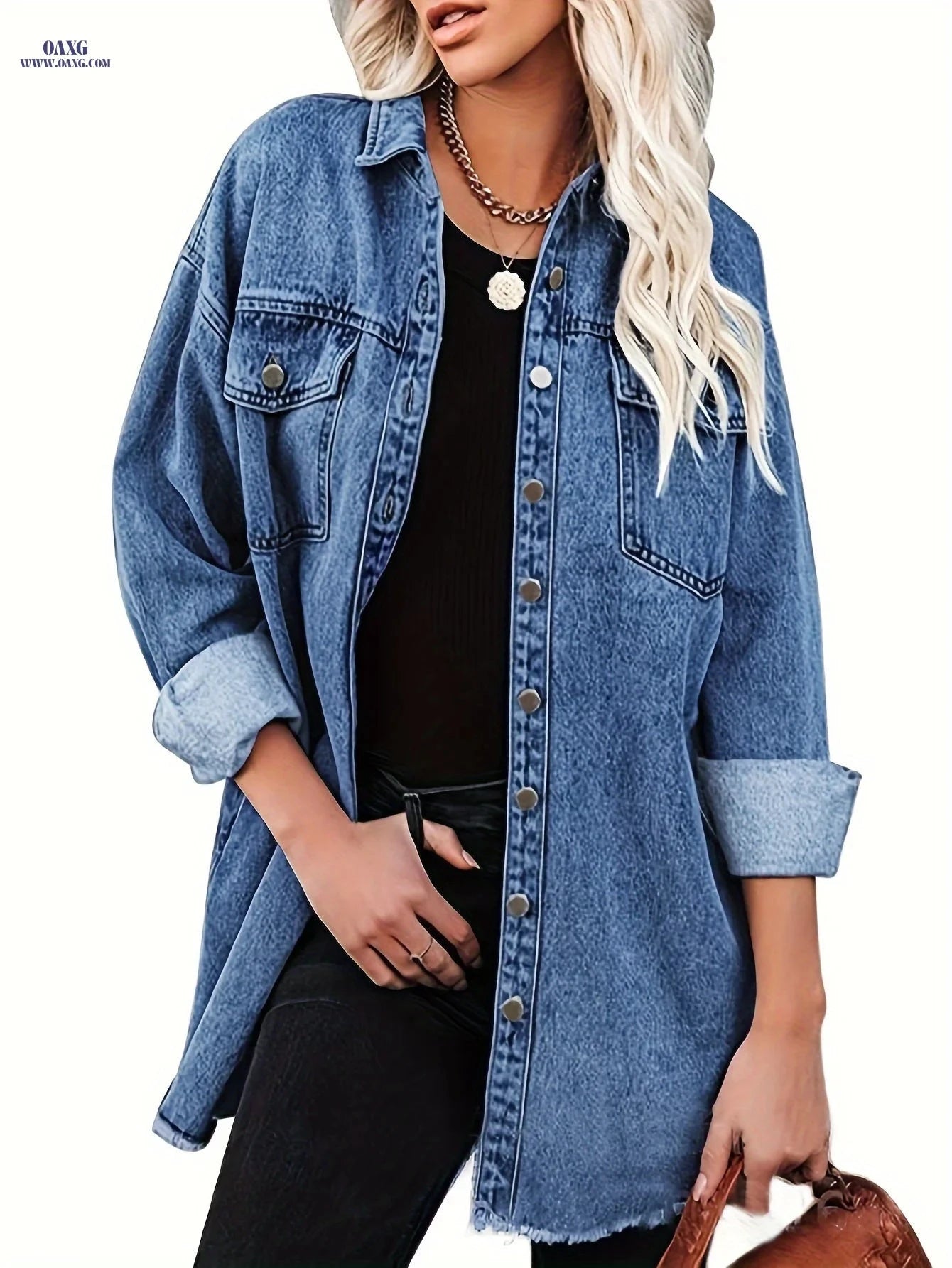 OAXG Women's Blue Casual Lapel Coat - Elegant Spring/Fall Style   OAXG 