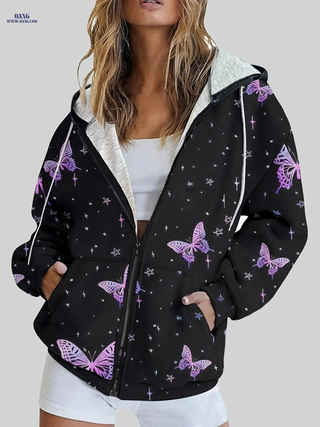 OAXG Women's Butterfly Print Hoodie - Casual Commuter Jacket for Fall   OAXG Black / S
