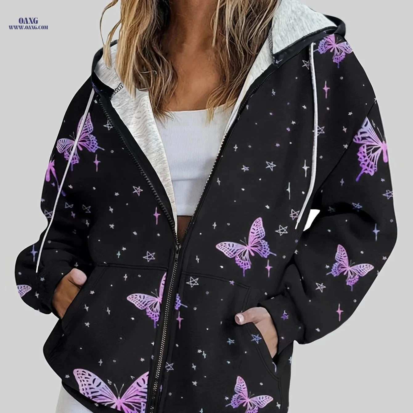 OAXG Women's Butterfly Print Hoodie - Casual Commuter Jacket for Fall   OAXG Black / S