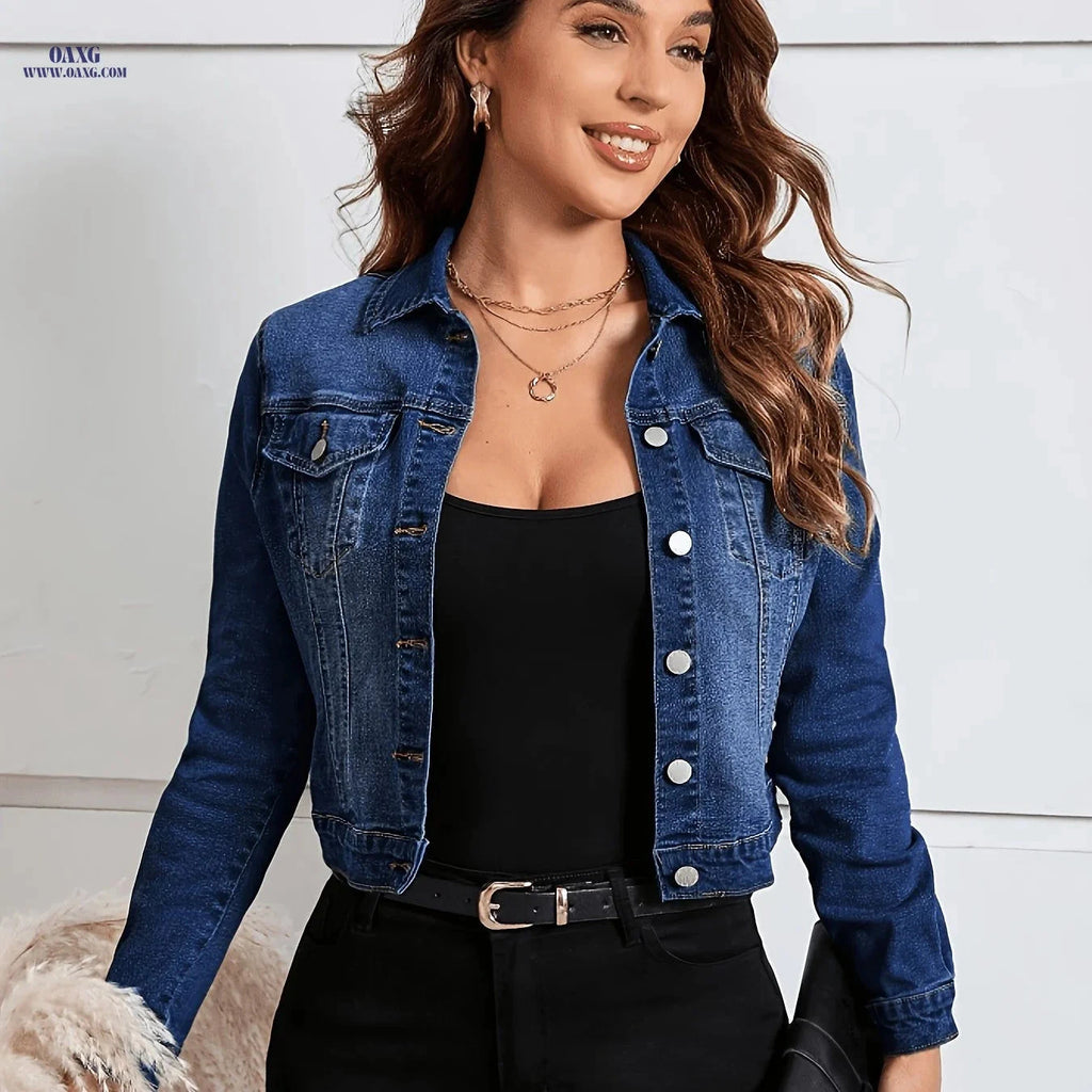 OAXG Women's Button-Up Brushed Denim Jacket - Elegant Regular Fit   OAXG 