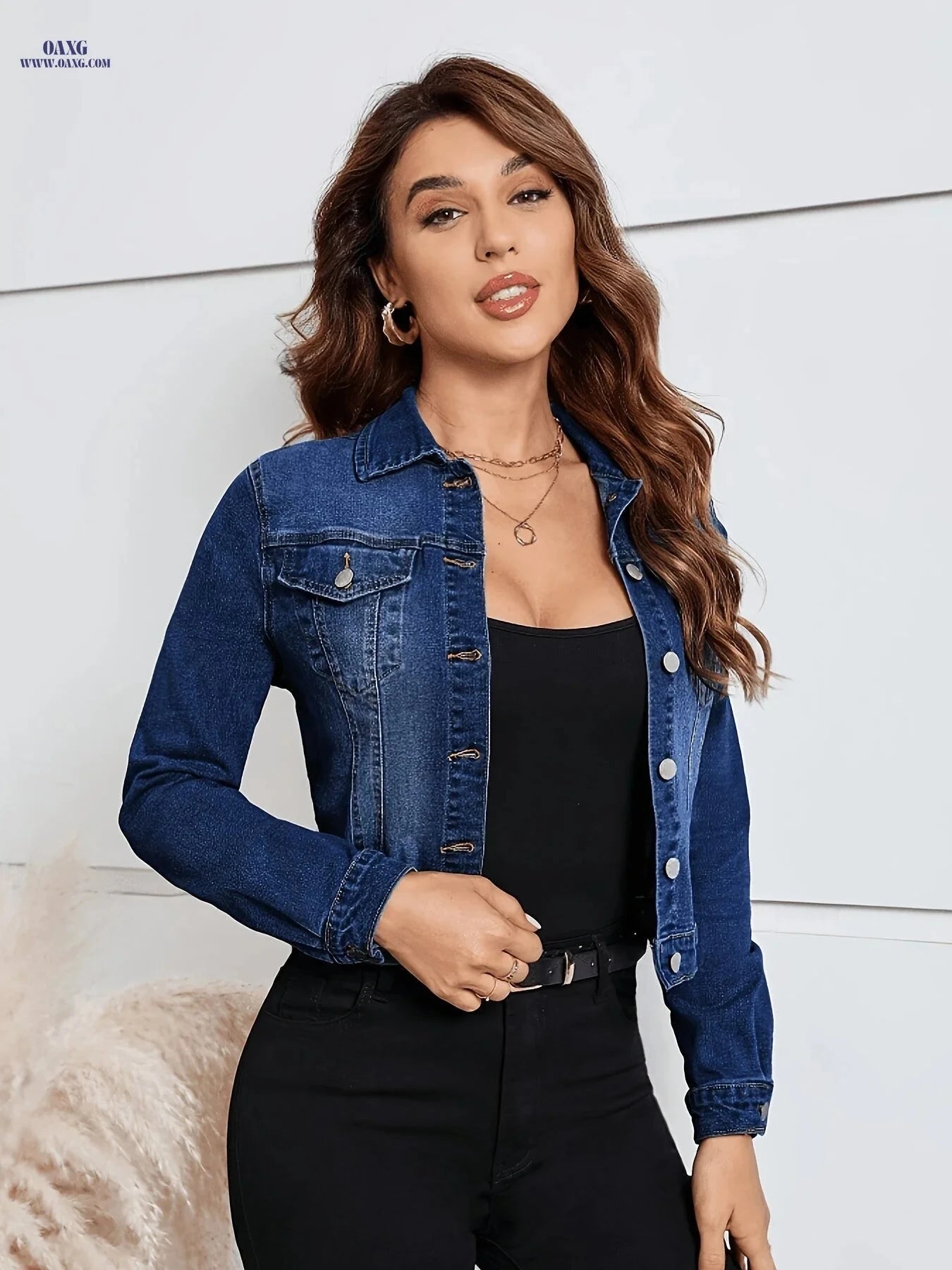OAXG Women's Button-Up Brushed Denim Jacket - Elegant Regular Fit   OAXG 