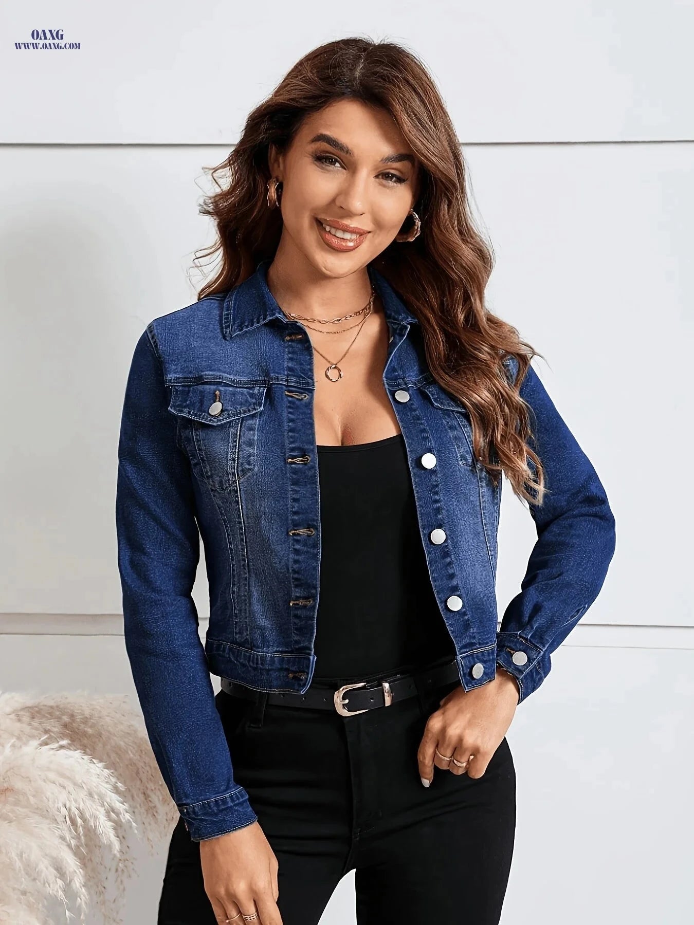 OAXG Women's Button-Up Brushed Denim Jacket - Elegant Regular Fit   OAXG 