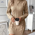 OAXG Women's Cable Knit Sweater Dress - Elegant High Neck Design   OAXG Khaki / S
