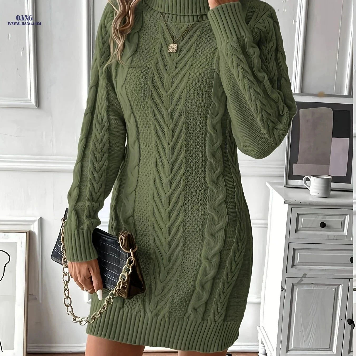 OAXG Women's Cable Knit Sweater Dress - Elegant High Neck Design   OAXG Khaki / S