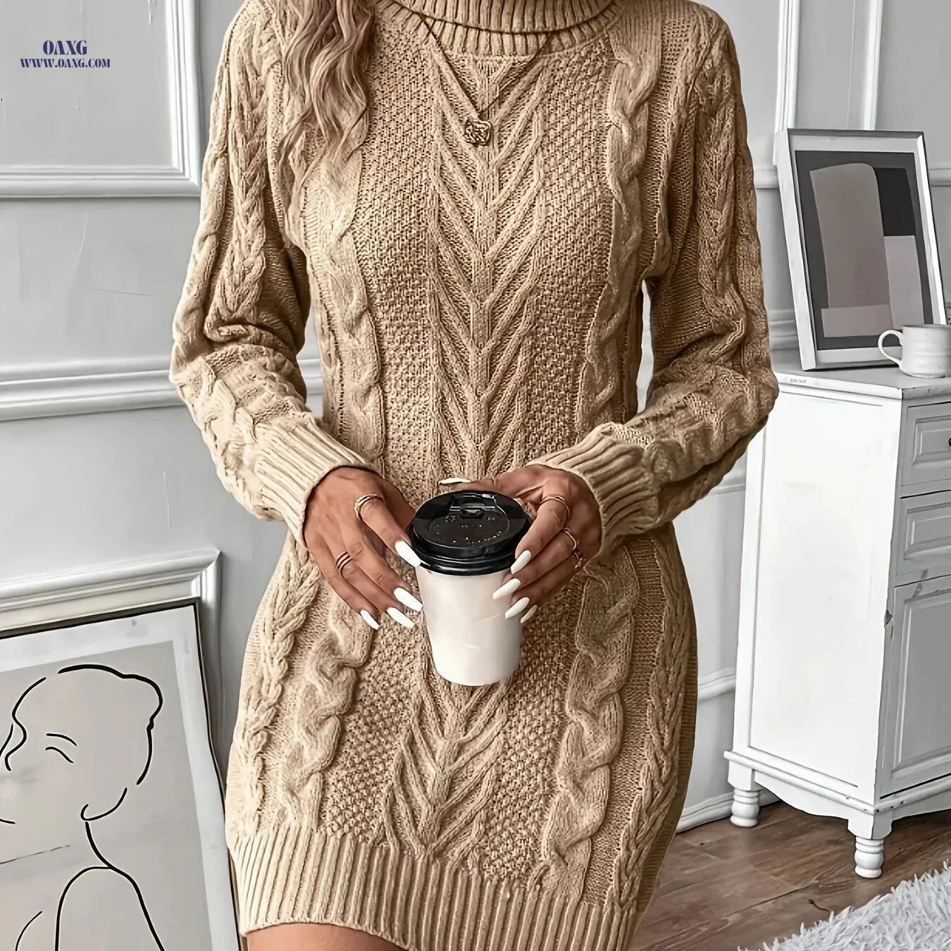 OAXG Women's Cable Sweater Dress - Elegant High Neck for Fall/Winter   OAXG Blue / S