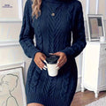 OAXG Women's Cable Sweater Dress - Elegant High Neck for Fall/Winter   OAXG Blue / S