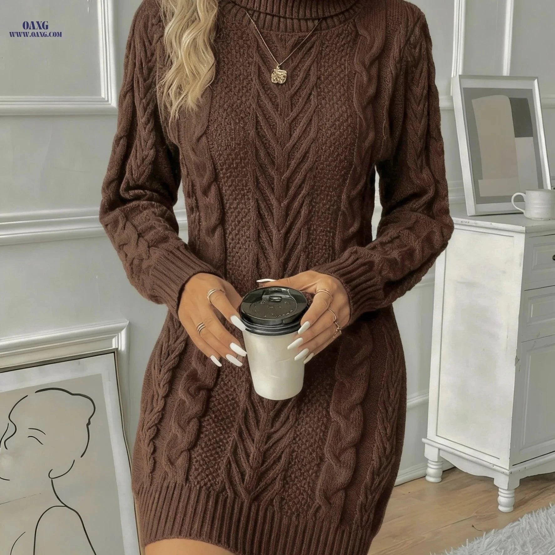 OAXG Women's Cable Sweater Dress - Elegant High Neck Long Length   OAXG Khaki / S
