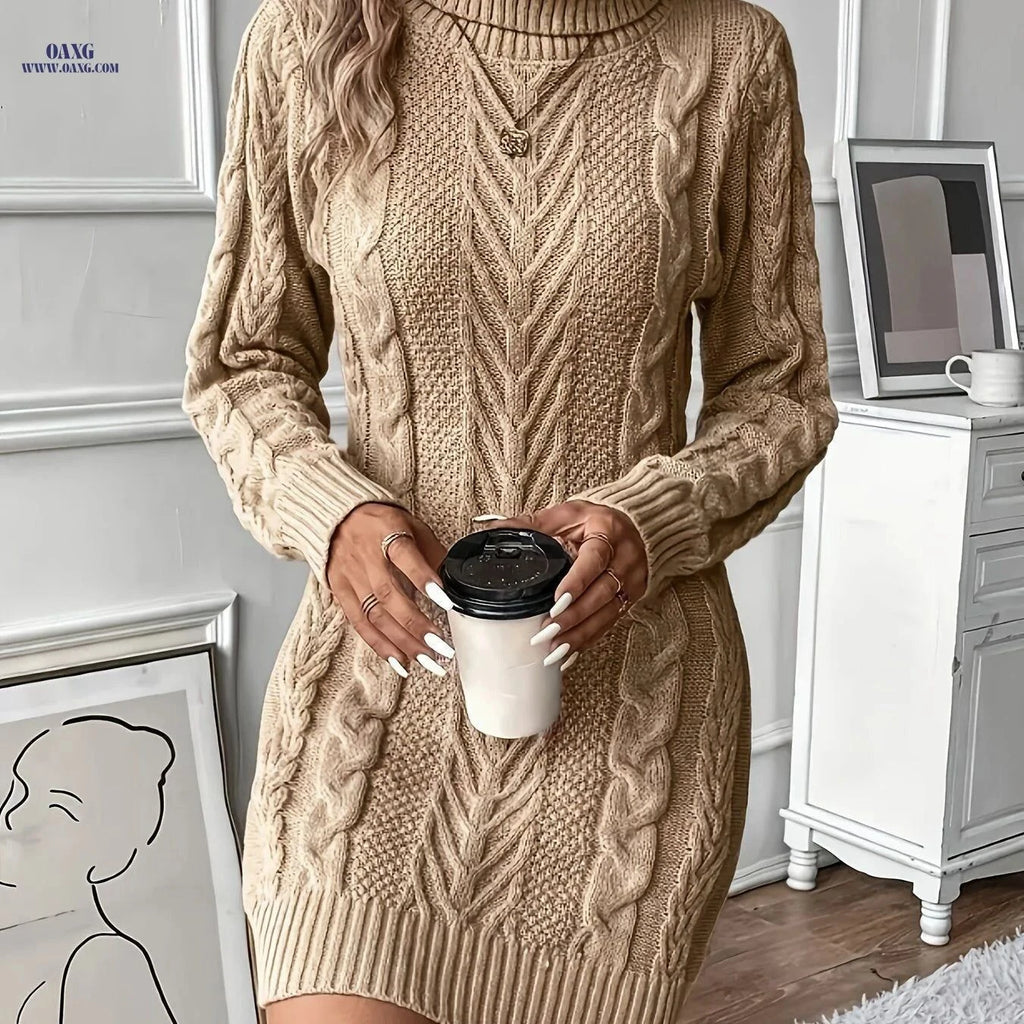 OAXG Women's Cable Sweater Dress - Elegant High Neck Long Length   OAXG Khaki / S