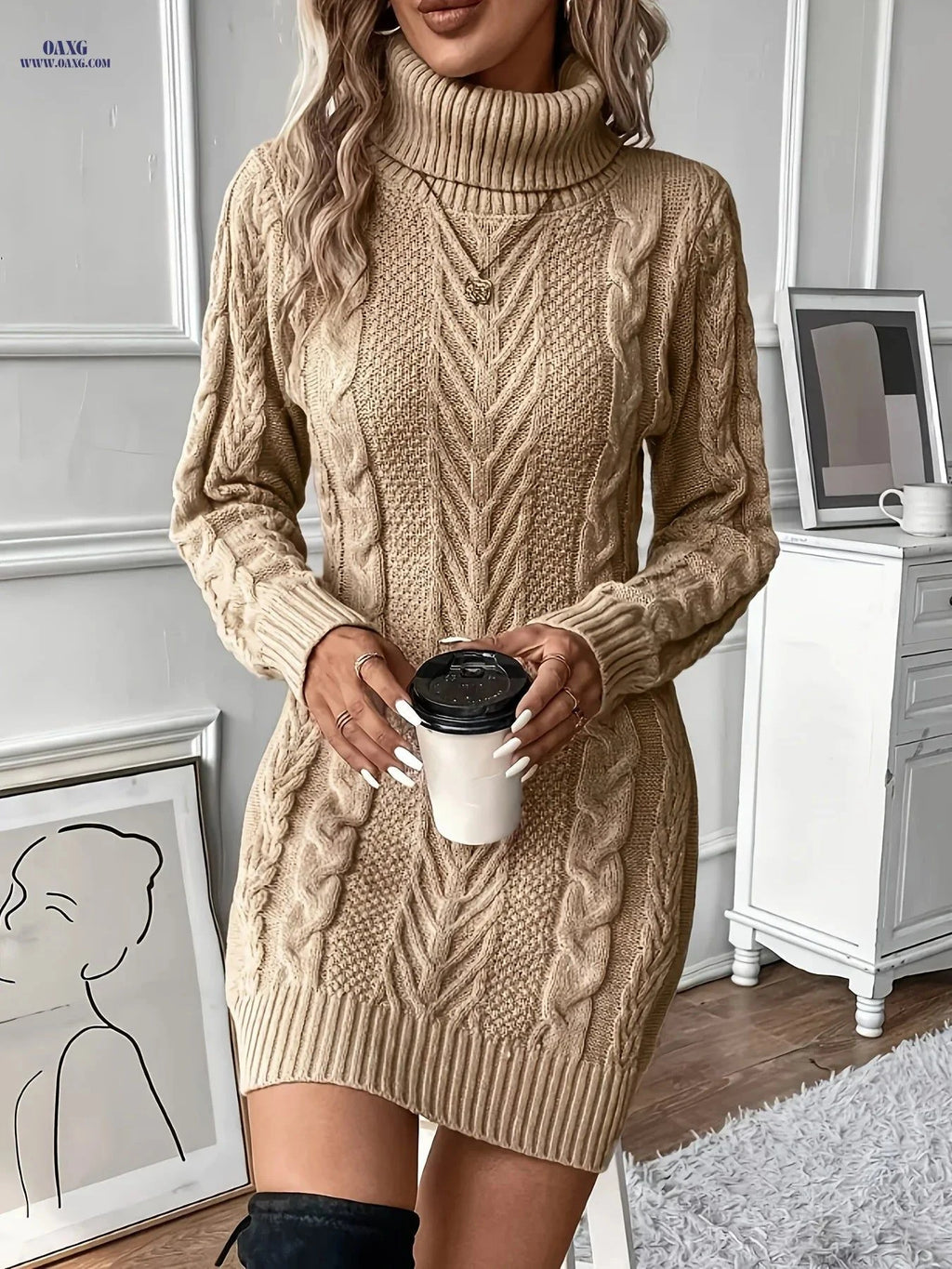 OAXG Women's Cable Sweater Dress - Elegant High Neck, Long Sleeve   OAXG Blue / S