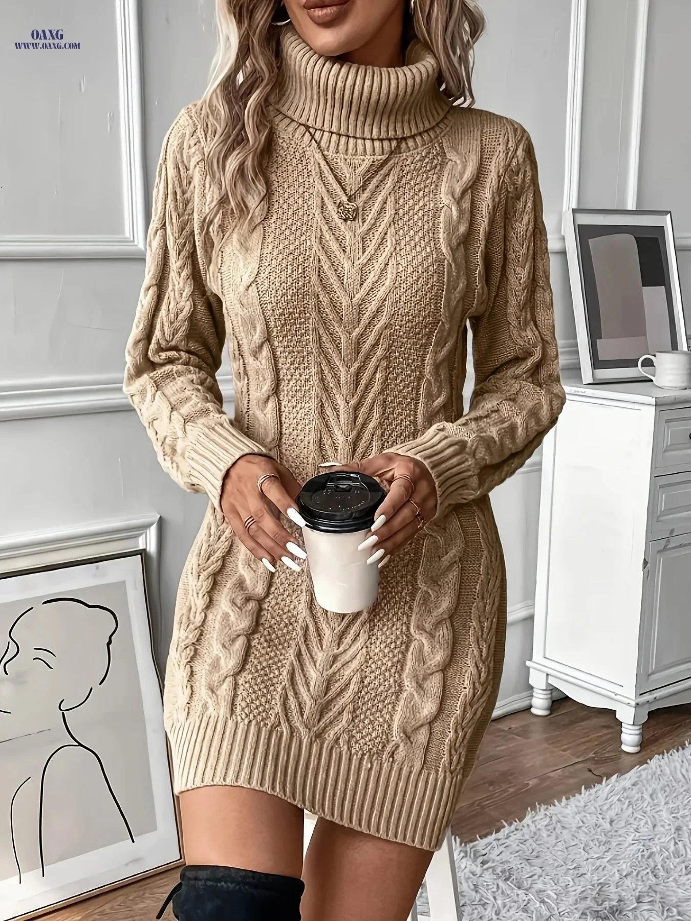 OAXG Women's Cable Sweater Dress - Elegant High Neck, Long Sleeve   OAXG Blue / S
