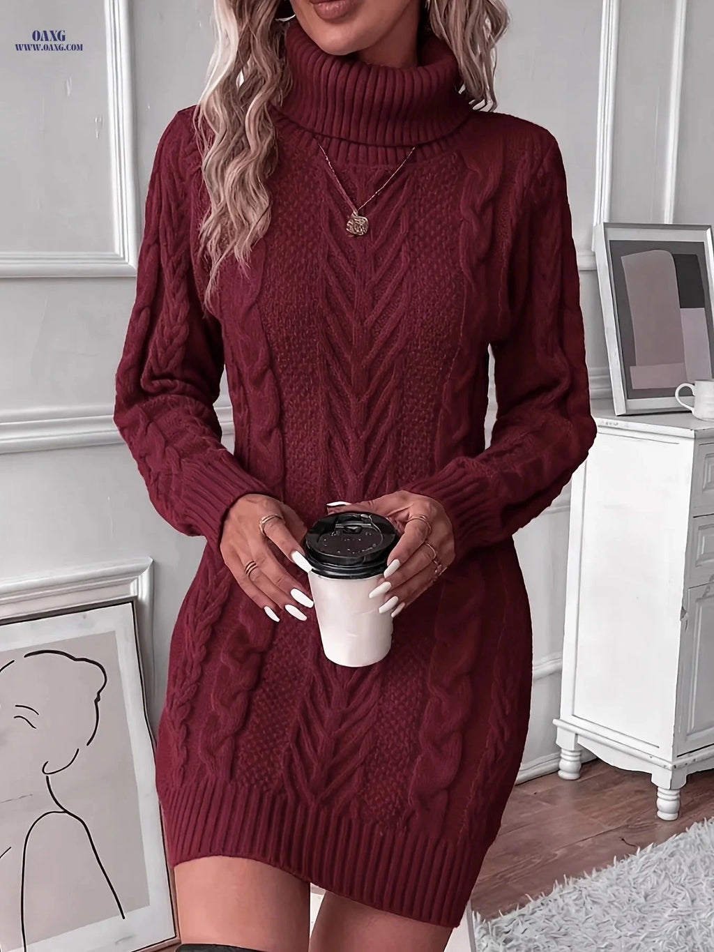 OAXG Women's Cable Sweater Dress - Elegant High Neck, Long Sleeve   OAXG Blue / S