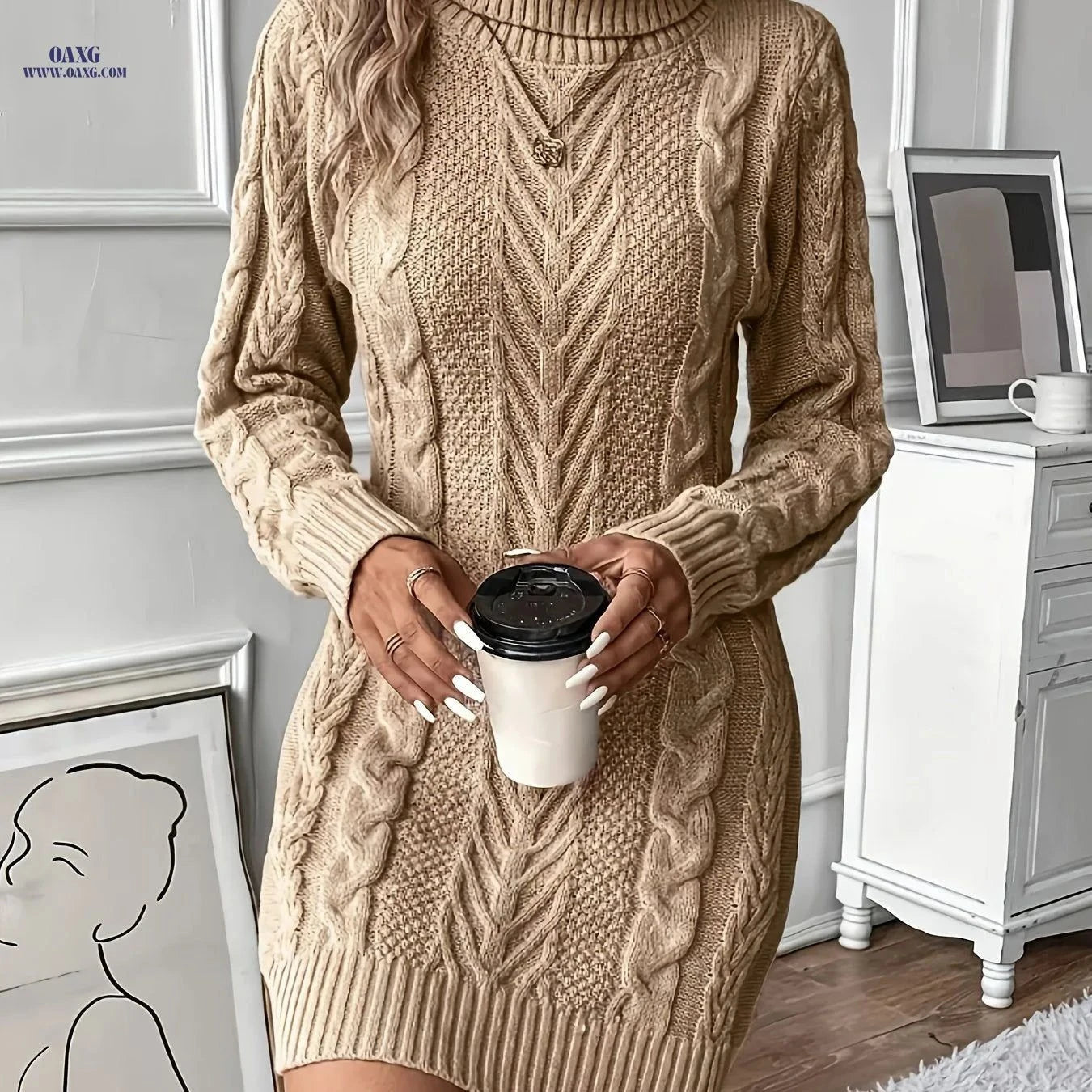OAXG Women's Cable Sweater Dress - Elegant High Neck, Long Sleeve   OAXG Blue / S