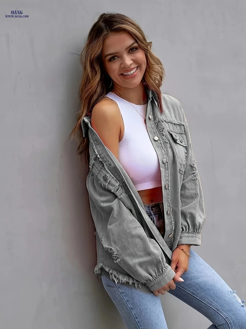 OAXG Women's Candy Color Denim Jacket - Ripped Style for Spring/Fall   OAXG 
