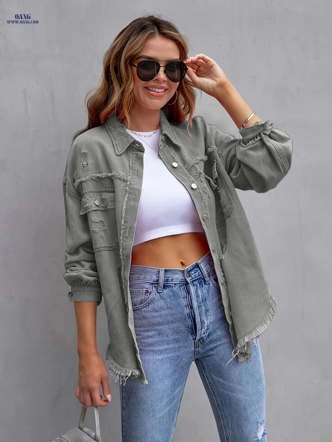 OAXG Women's Candy Color Denim Jacket - Ripped Style for Spring/Fall   OAXG 