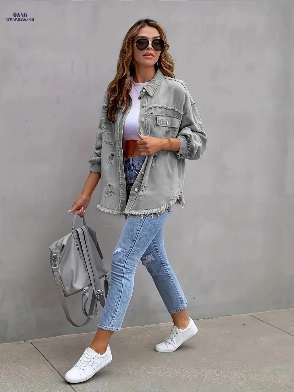 OAXG Women's Candy Color Denim Jacket - Ripped Style for Spring/Fall   OAXG 