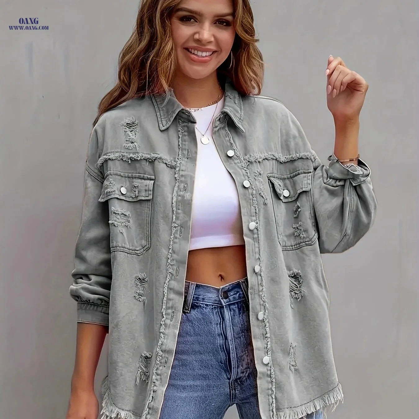 OAXG Women's Candy Color Denim Jacket - Ripped Style for Spring/Fall   OAXG 