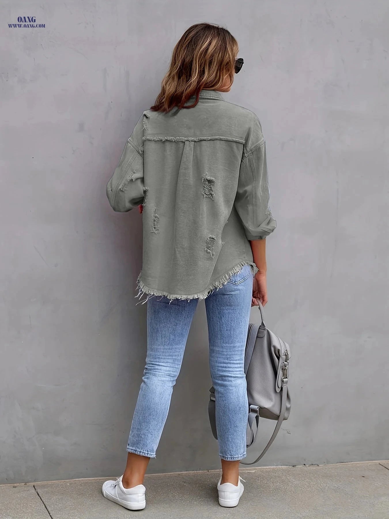 OAXG Women's Candy Color Denim Jacket - Ripped Style for Spring/Fall   OAXG 