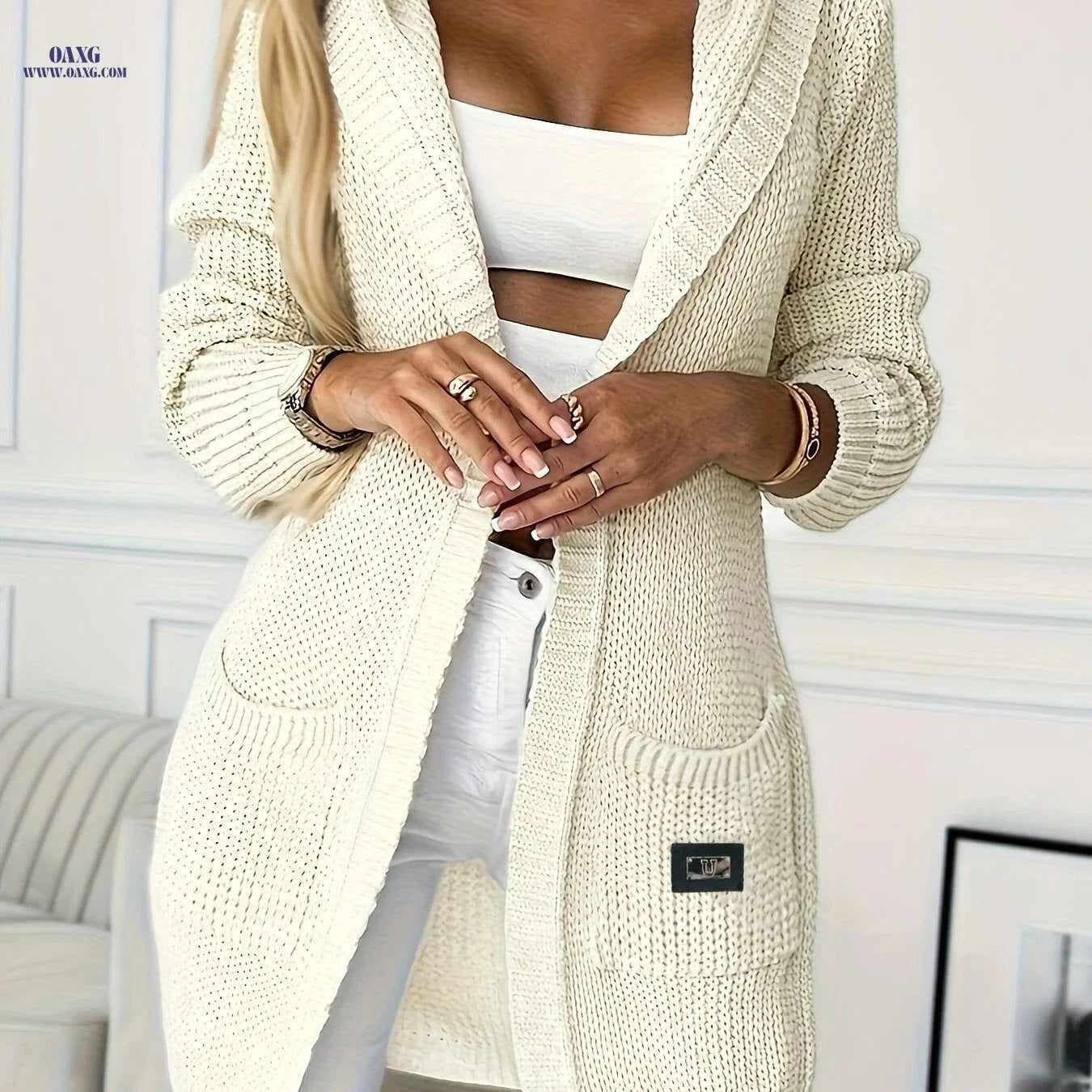 OAXG Women's Cardigan Sweater - Hooded, Pockets, Loose Fit   OAXG Ivory White / M