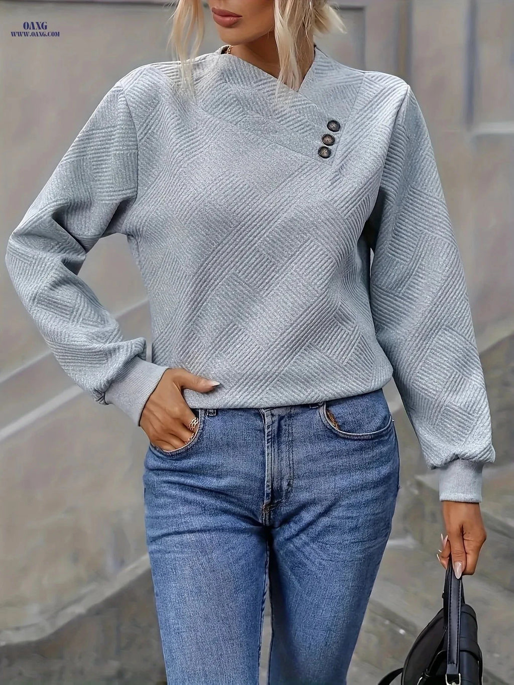 OAXG Women's Casual Asymmetrical Neck Sweater - Soft, Machine Washable   OAXG Space Gray / S