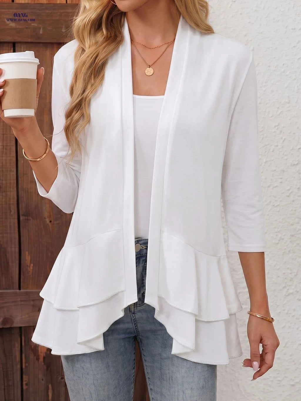 OAXG Women's Casual Cardigan - Ruffle Detail, Halter Neck, Stretchy   OAXG White / S