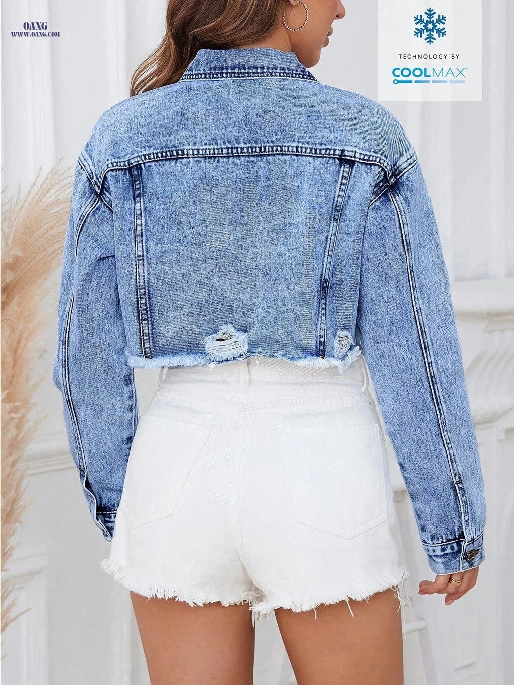 OAXG Women's Casual Denim Frayed Jacket - Long Sleeve, Solid Color   OAXG 