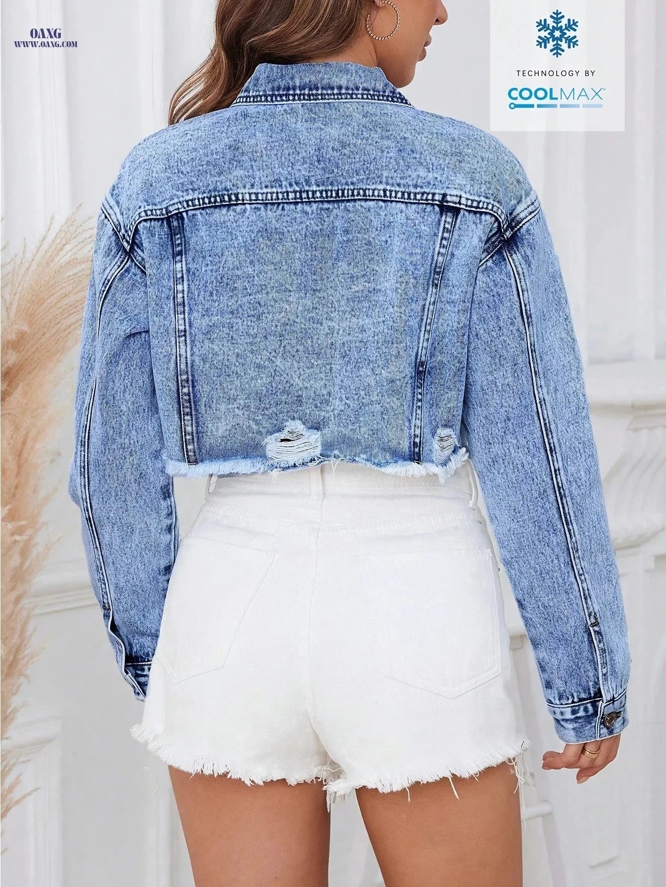 OAXG Women's Casual Denim Frayed Jacket - Long Sleeve, Solid Color   OAXG 