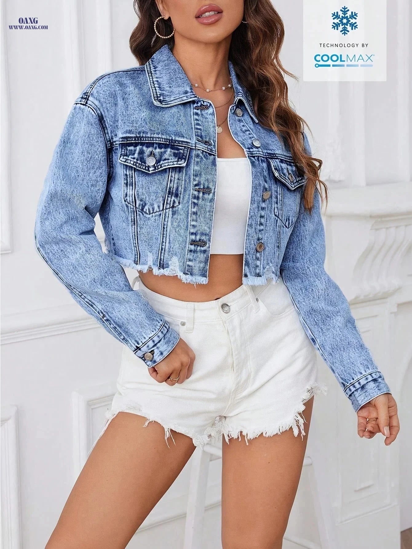 OAXG Women's Casual Denim Frayed Jacket - Long Sleeve, Solid Color   OAXG 
