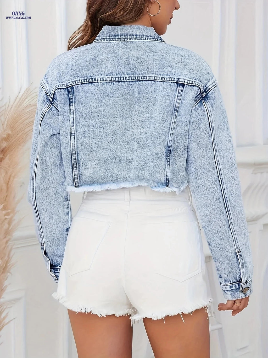 OAXG Women's Casual Denim Jacket - Frayed Hem & Long Sleeves   OAXG 