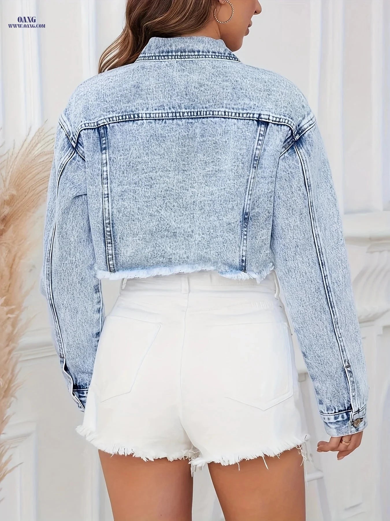 OAXG Women's Casual Denim Jacket - Frayed Hem & Long Sleeves   OAXG 