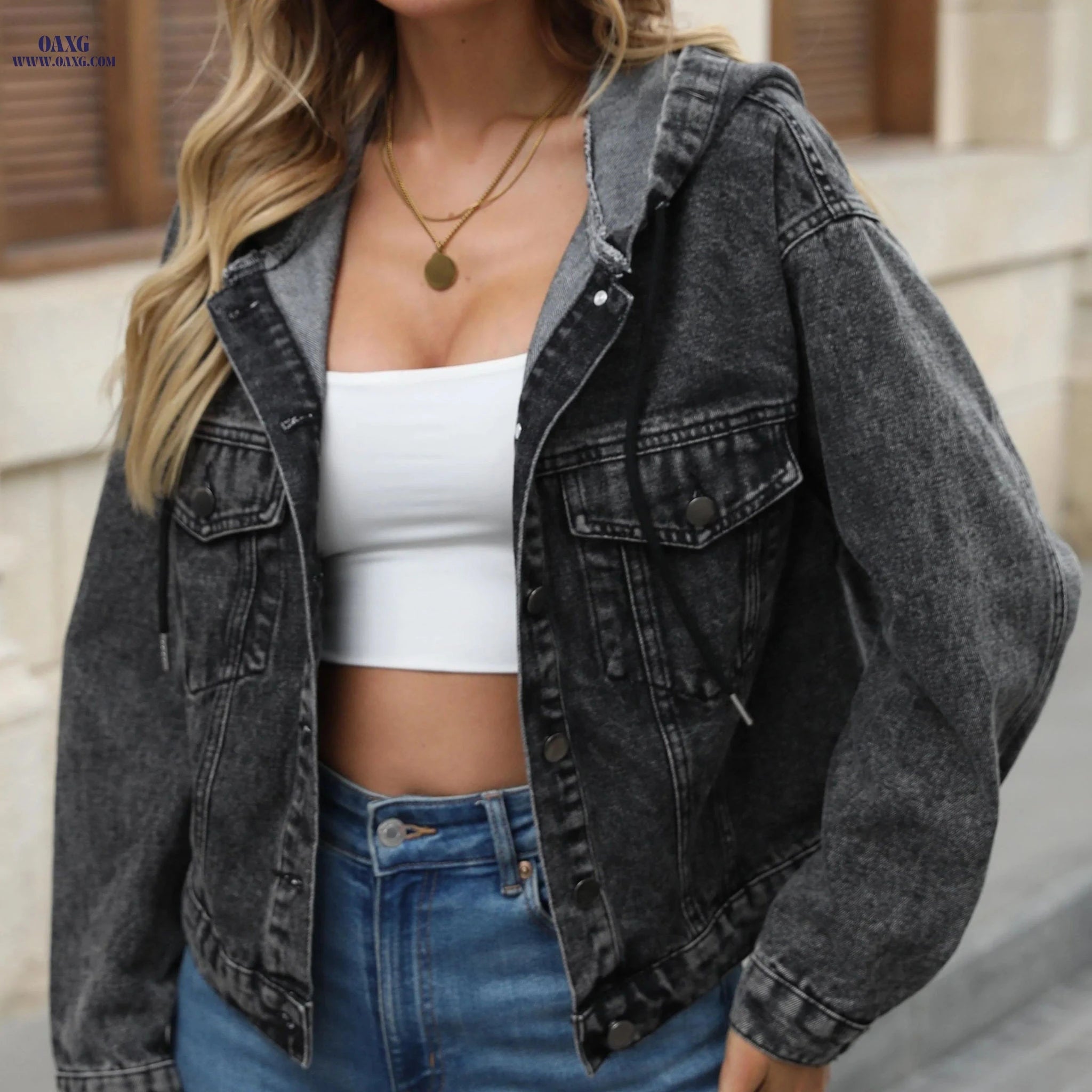 OAXG Women's Casual Denim Jacket - Long Sleeve, Elegant Style   OAXG 