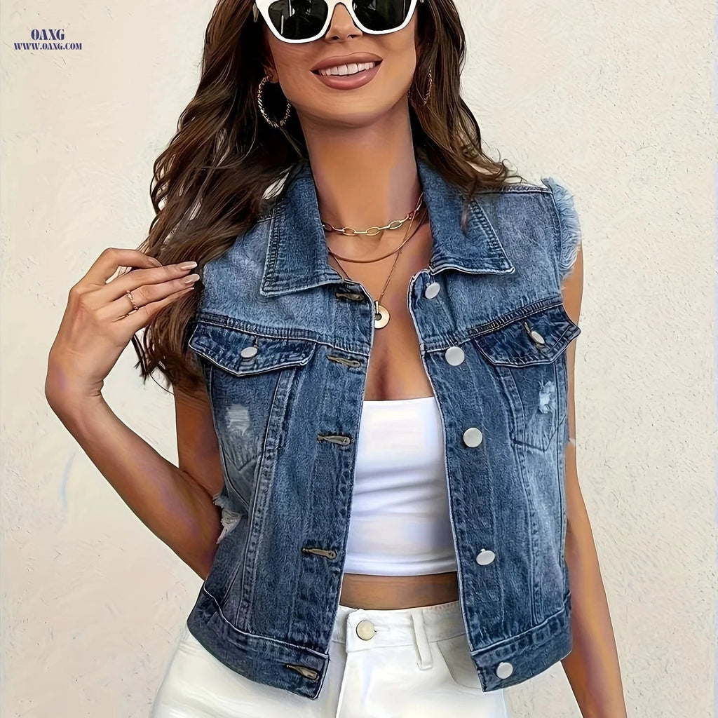 OAXG Women's Casual Denim Jacket - Non-Stretch Lapel Design   OAXG 