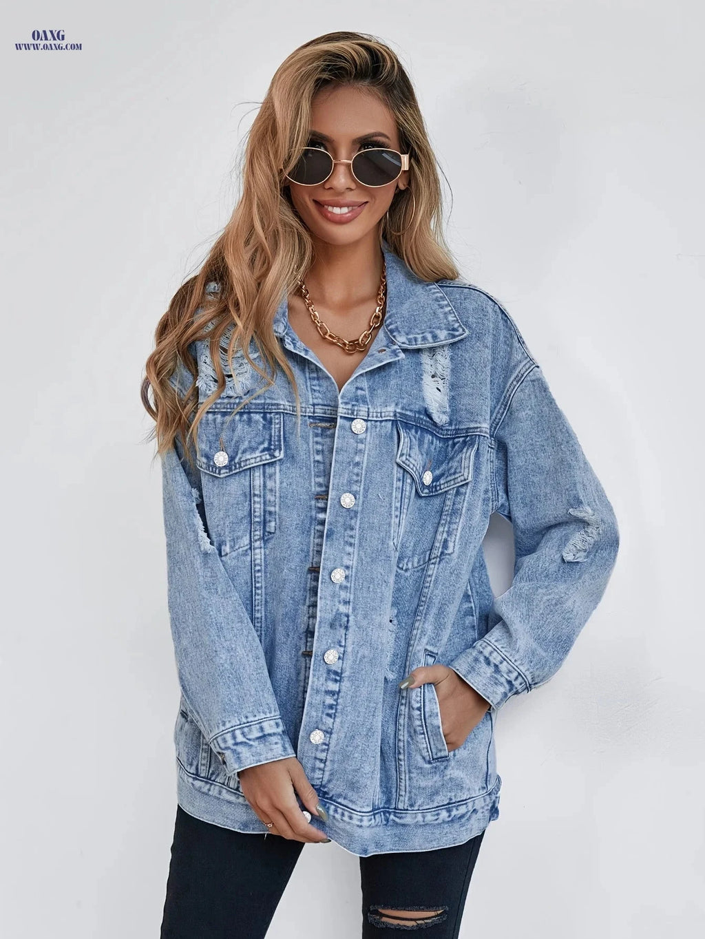 OAXG Women's Casual Distressed Denim Jacket - Long Sleeve, Regular Fit   OAXG 