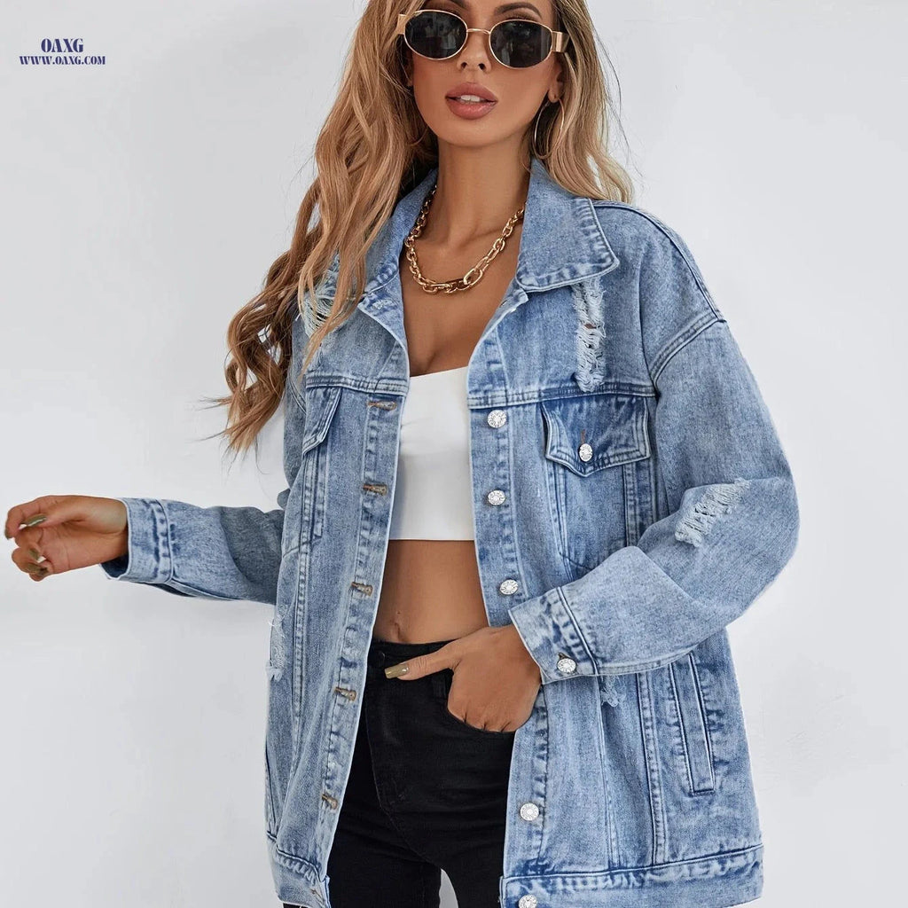 OAXG Women's Casual Distressed Denim Jacket - Long Sleeve, Regular Fit   OAXG 