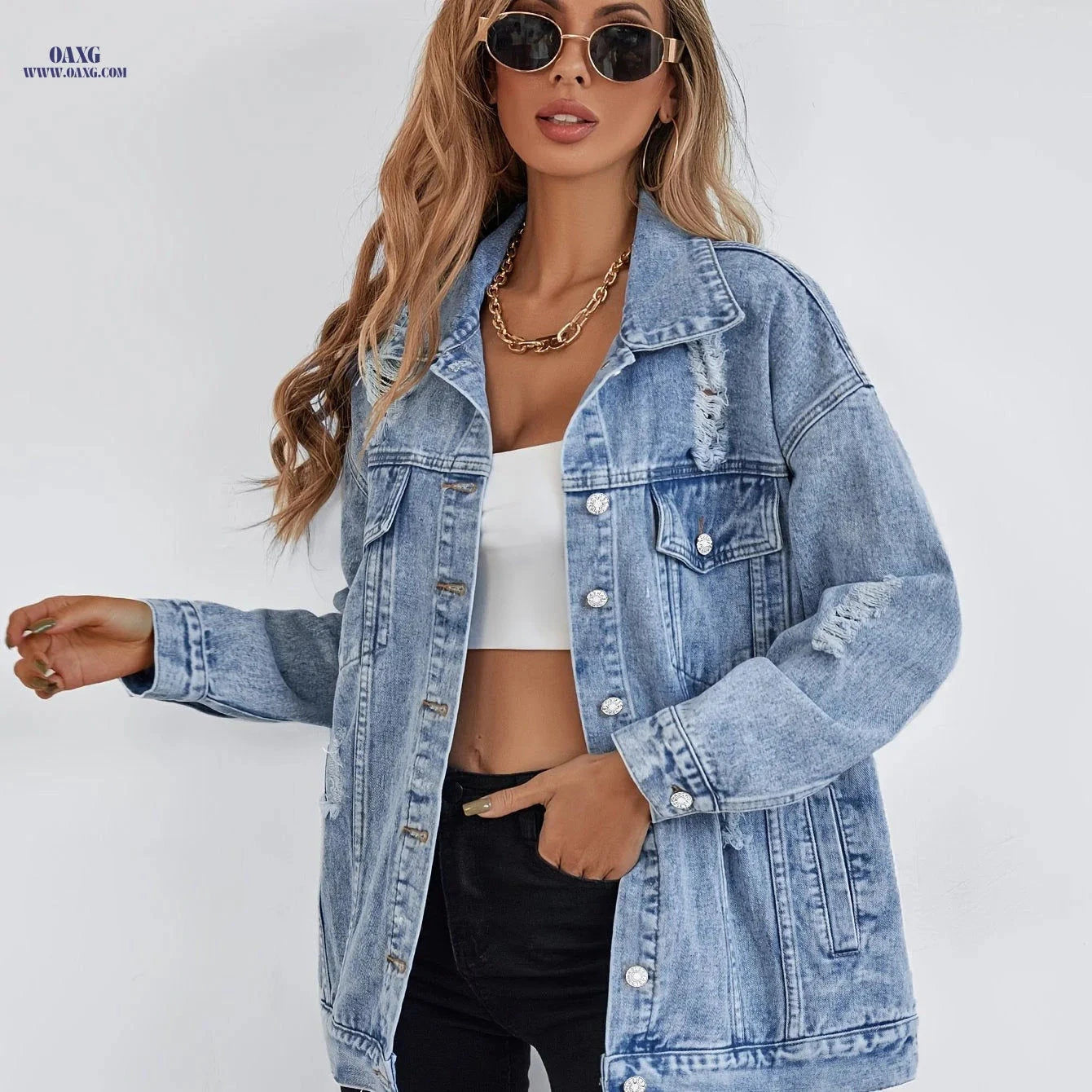 OAXG Women's Casual Distressed Denim Jacket - Long Sleeve, Regular Fit   OAXG 