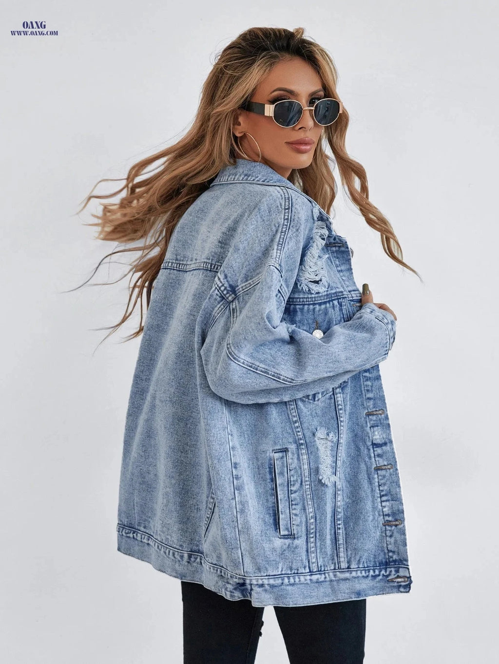 OAXG Women's Casual Distressed Denim Jacket - Long Sleeve, Regular Fit   OAXG 