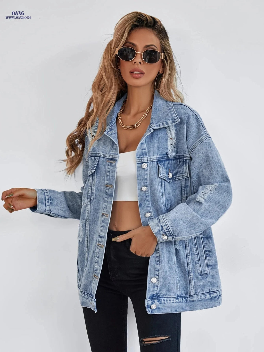 OAXG Women's Casual Distressed Denim Jacket - Long Sleeve, Regular Fit   OAXG 