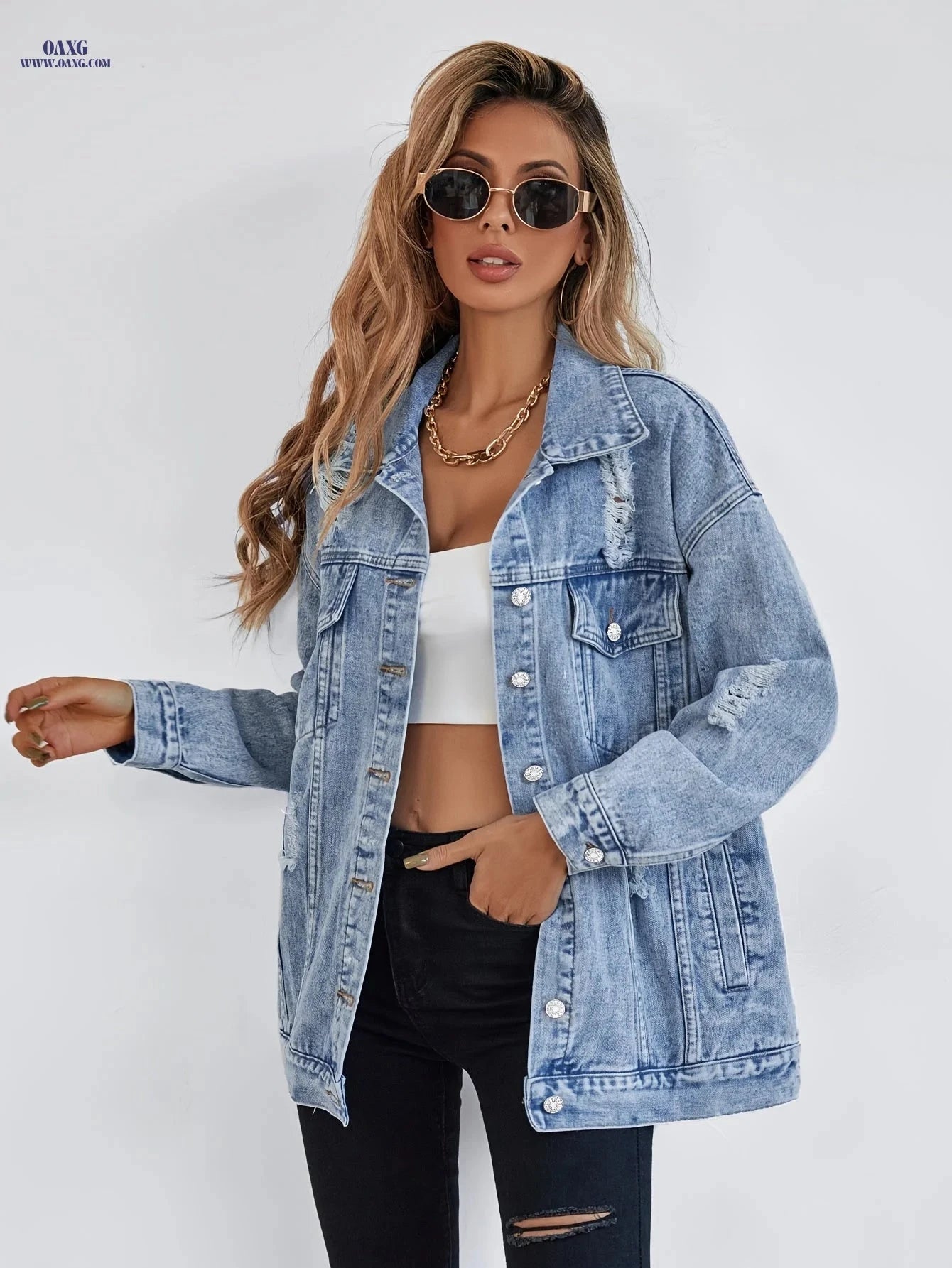 OAXG Women's Casual Distressed Denim Jacket - Long Sleeve, Regular Fit   OAXG 