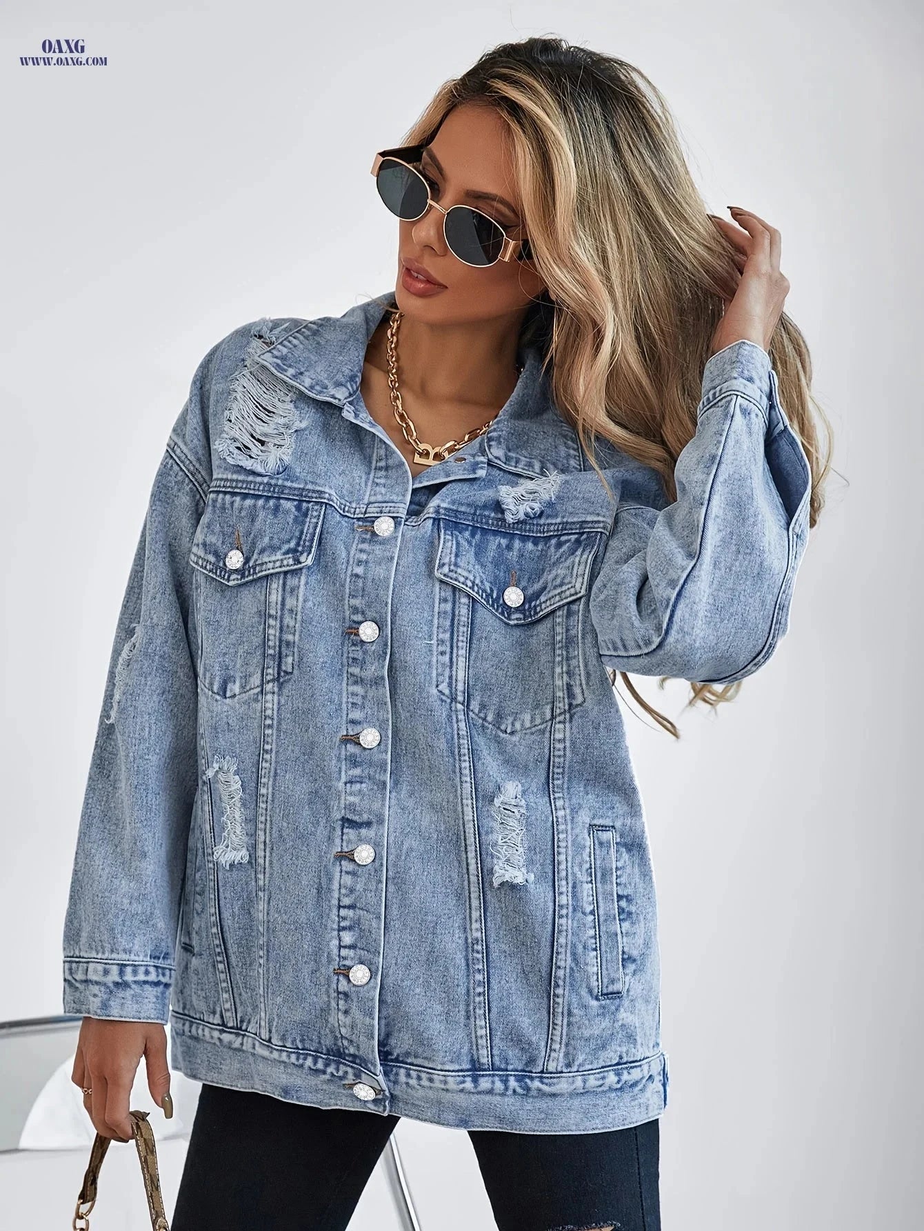 OAXG Women's Casual Distressed Denim Jacket - Long Sleeve, Regular Fit   OAXG 