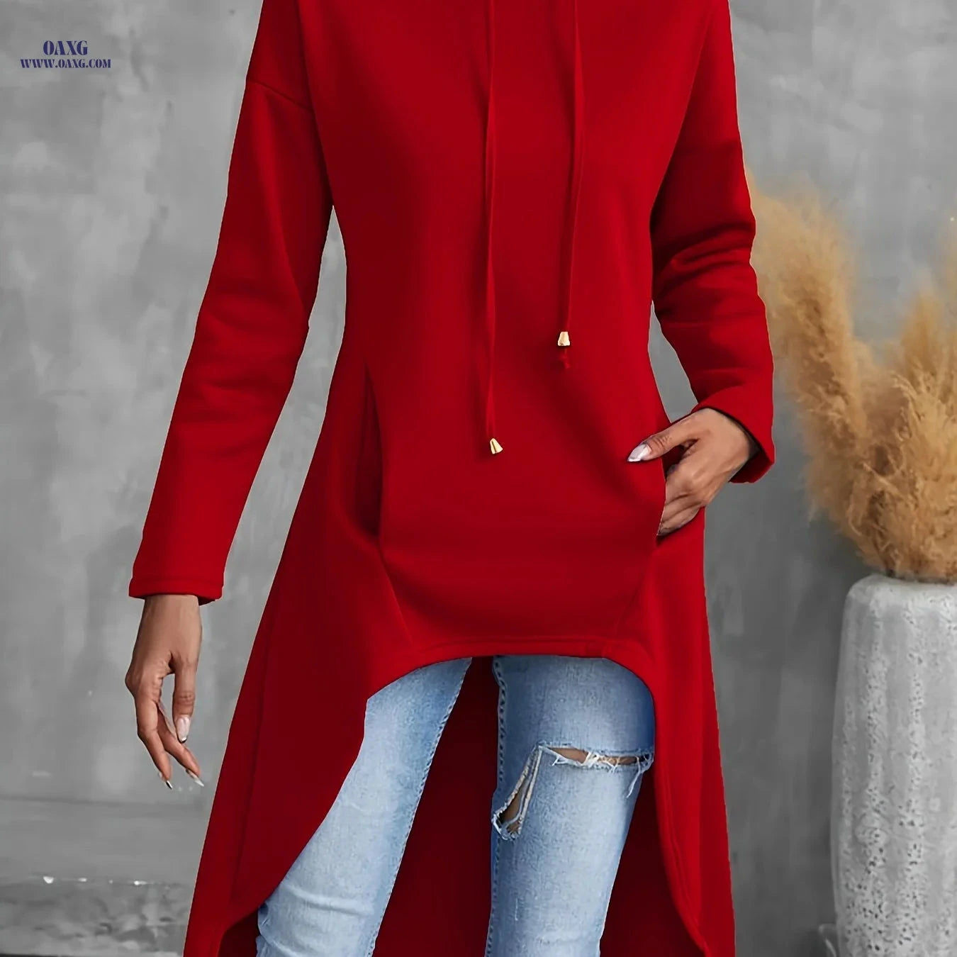 OAXG Women's Casual High-Low Hoodie - Long Sleeve & Drawstring   OAXG 