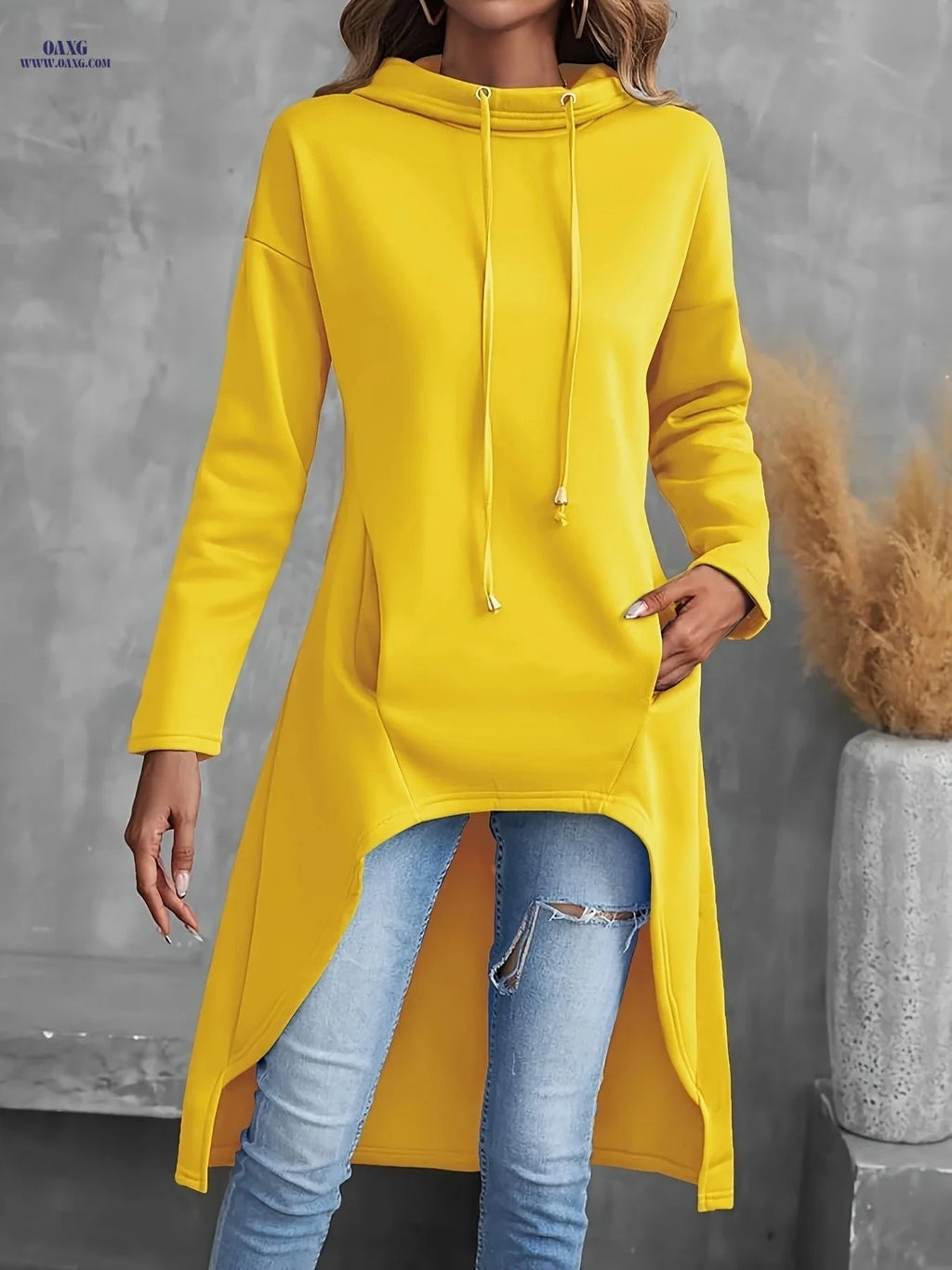 OAXG Women's Casual High-Low Hoodie - Long Sleeve Drawstring Sweatshirt   OAXG 